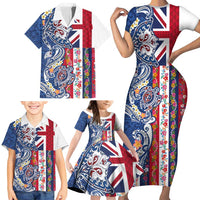 Hawaiian Manta Ray and Turtle Tribal Tattoo Family Matching Short Sleeve Bodycon Dress and Hawaiian Shirt With Hawaii Flag and Flowers