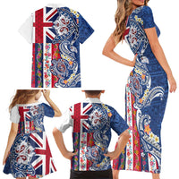 Hawaiian Manta Ray and Turtle Tribal Tattoo Family Matching Short Sleeve Bodycon Dress and Hawaiian Shirt With Hawaii Flag and Flowers