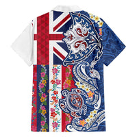 Hawaiian Manta Ray and Turtle Tribal Tattoo Family Matching Short Sleeve Bodycon Dress and Hawaiian Shirt With Hawaii Flag and Flowers
