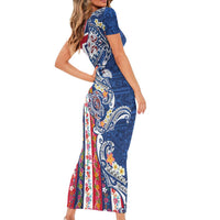 Hawaiian Manta Ray and Turtle Tribal Tattoo Family Matching Short Sleeve Bodycon Dress and Hawaiian Shirt With Hawaii Flag and Flowers