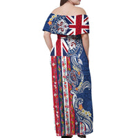 Hawaiian Manta Ray and Turtle Tribal Tattoo Off Shoulder Maxi Dress With Hawaii Flag and Flowers