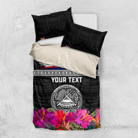 Personalized American Samoa Flag Day Bedding Set Tanoa and Fue mix Hibiscus Flower Polynesian Pattern LT03 US Twin 172cm x 218cm Black - Polynesian Pride
