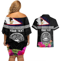 Personalized American Samoa Flag Day Couples Matching Off Shoulder Short Dress and Hawaiian Shirt Tanoa and Fue mix Hibiscus Flower Polynesian Pattern