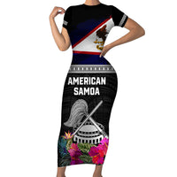 Personalized American Samoa Flag Day Short Sleeve Bodycon Dress Tanoa and Fue mix Hibiscus Flower Polynesian Pattern LT03 Long Dress Black - Polynesian Pride