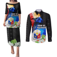 Philippines Independence Day Couples Matching Puletasi and Long Sleeve Button Shirt Philippines Eagle and Sampaguita Jasmine Yakan Tribal LT03 Black - Polynesian Pride