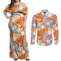 Hawaiian and Japanese Culture Together Couples Matching Off Shoulder Maxi Dress and Long Sleeve Button Shirt Palaka Japanese Art and Tropical Motif Tribal Patchwork
