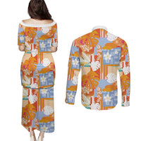 Hawaiian and Japanese Culture Together Couples Matching Puletasi and Long Sleeve Button Shirt Palaka Japanese Art and Tropical Motif Tribal Patchwork