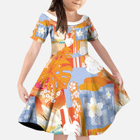 Hawaiian and Japanese Culture Together Family Matching Off The Shoulder Long Sleeve Dress and Hawaiian Shirt Palaka Japanese Art and Tropical Motif Tribal Patchwork LT03 Daughter's Dress Multicolor - Polynesian Pride