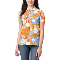 Hawaiian and Japanese Culture Together Women Polo Shirt Palaka Japanese Art and Tropical Motif Tribal Patchwork