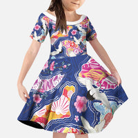 Hawaiian and Japanese Culture Together Family Matching Short Sleeve Bodycon Dress and Hawaiian Shirt Hawaiian Archipelago Shape Sea Animals LT03 Daughter's Dress Multicolor - Polynesian Pride
