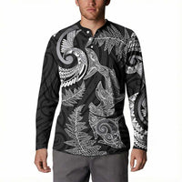 New Zealand Sea Animals with Maori Tribal Tattoo Button Sweatshirt Shark Manta Ray with Silver Fern Black