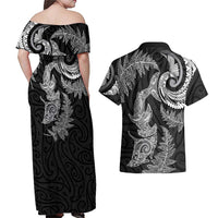 New Zealand Sea Animals with Maori Tribal Tattoo Couples Matching Off Shoulder Maxi Dress and Hawaiian Shirt Shark Manta Ray with Silver Fern Black