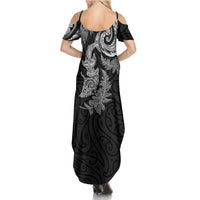 New Zealand Sea Animals with Maori Tribal Tattoo Summer Maxi Dress Shark Manta Ray with Silver Fern Black LT03 - Polynesian Pride