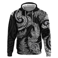 New Zealand Sea Animals with Maori Tribal Tattoo Zip Hoodie Shark Manta Ray with Silver Fern Black