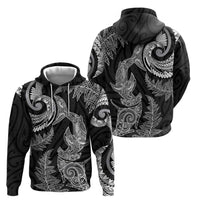 New Zealand Sea Animals with Maori Tribal Tattoo Zip Hoodie Shark Manta Ray with Silver Fern Black