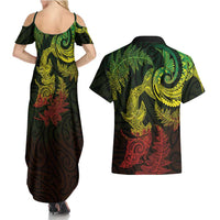 New Zealand Sea Animals with Maori Tribal Tattoo Couples Matching Summer Maxi Dress and Hawaiian Shirt Shark Manta Ray with Silver Fern Reggae