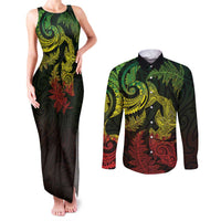 New Zealand Sea Animals with Maori Tribal Tattoo Couples Matching Tank Maxi Dress and Long Sleeve Button Shirt Shark Manta Ray with Silver Fern Reggae