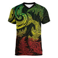 New Zealand Sea Animals with Maori Tribal Tattoo Women V-Neck T-Shirt Shark Manta Ray with Silver Fern Reggae