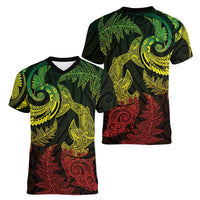 New Zealand Sea Animals with Maori Tribal Tattoo Women V-Neck T-Shirt Shark Manta Ray with Silver Fern Reggae