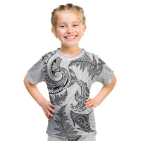 New Zealand Sea Animals with Maori Tribal Tattoo Kid T Shirt Shark Manta Ray with Silver Fern White