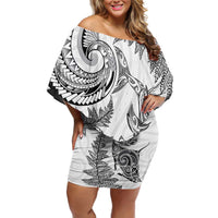 New Zealand Sea Animals with Maori Tribal Tattoo Off Shoulder Short Dress Shark Manta Ray with Silver Fern White