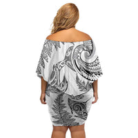 New Zealand Sea Animals with Maori Tribal Tattoo Off Shoulder Short Dress Shark Manta Ray with Silver Fern White