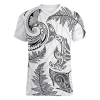 New Zealand Sea Animals with Maori Tribal Tattoo Women V-Neck T-Shirt Shark Manta Ray with Silver Fern White