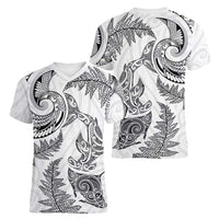 New Zealand Sea Animals with Maori Tribal Tattoo Women V-Neck T-Shirt Shark Manta Ray with Silver Fern White