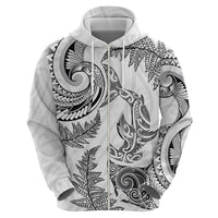 New Zealand Sea Animals with Maori Tribal Tattoo Zip Hoodie Shark Manta Ray with Silver Fern White