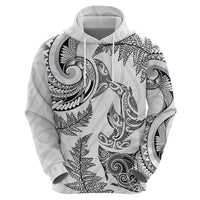 New Zealand Sea Animals with Maori Tribal Tattoo Zip Hoodie Shark Manta Ray with Silver Fern White
