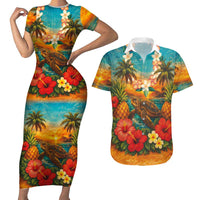 Hawaiian Turtles on Beach Couples Matching Short Sleeve Bodycon Dress and Hawaiian Shirt with Pineapple Tropical Plant and Lei