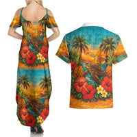 Hawaiian Turtles on Beach Couples Matching Summer Maxi Dress and Hawaiian Shirt with Pineapple Tropical Plant and Lei