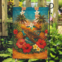 Hawaiian Turtles on Beach Garden Flag with Pineapple Tropical Plant and Lei