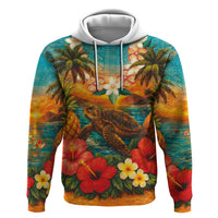 Hawaiian Turtles on Beach Hoodie with Pineapple Tropical Plant and Lei