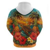 Hawaiian Turtles on Beach Hoodie with Pineapple Tropical Plant and Lei