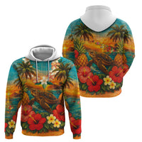 Hawaiian Turtles on Beach Hoodie with Pineapple Tropical Plant and Lei