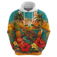 Hawaiian Turtles on Beach Hoodie with Pineapple Tropical Plant and Lei