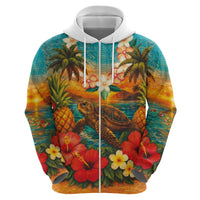 Hawaiian Turtles on Beach Hoodie with Pineapple Tropical Plant and Lei