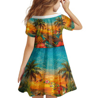 Hawaiian Turtles on Beach Kid Short Sleeve Dress with Pineapple Tropical Plant and Lei