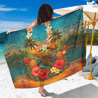 Hawaiian Turtles on Beach Sarong with Pineapple Tropical Plant and Lei