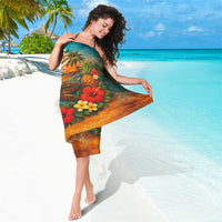 Hawaiian Turtles on Beach Sarong with Pineapple Tropical Plant and Lei