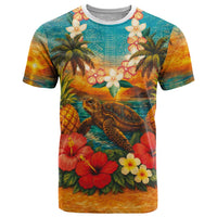 Hawaiian Turtles on Beach T Shirt with Pineapple Tropical Plant and Lei