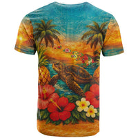 Hawaiian Turtles on Beach T Shirt with Pineapple Tropical Plant and Lei