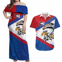 American Samoa Flag Day Couples Matching Off Shoulder Maxi Dress and Hawaiian Shirt Polynesian Art Geometric with Flag Brush Style