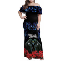 New Zealand Maori Matariki Family Matching Off Shoulder Maxi Dress and Hawaiian Shirt Hongi Tui Bird Pohutukawa and Polynesia Tribal