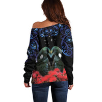 New Zealand Maori Matariki Off Shoulder Sweater Hongi Tui Bird Pohutukawa and Polynesia Tribal