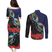 New Zealand Maori Hongi Culture Couples Matching Puletasi and Long Sleeve Button Shirt Tui Bird Pohutukawa and Polynesian Pattern