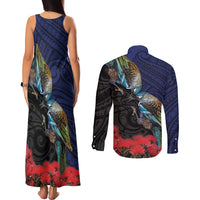 New Zealand Maori Hongi Culture Couples Matching Tank Maxi Dress and Long Sleeve Button Shirt Tui Bird Pohutukawa and Polynesian Pattern