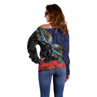 New Zealand Maori Hongi Culture Off Shoulder Sweater Tui Bird Pohutukawa and Polynesian Pattern