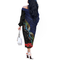 New Zealand Maori Hongi Culture Off The Shoulder Long Sleeve Dress Tui Bird Pohutukawa and Polynesian Pattern